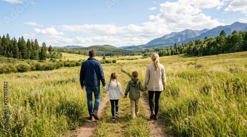Family four walking dirt path vast grassy valley mountains
