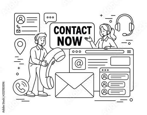Contact Communication Basics. Banner line art composition featuring a contact communication scene spread across the full canvas, two support agents managing an oversized phone handset and large