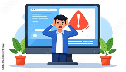 Businessman working on laptop with warning alert.