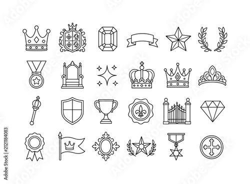 Crown Royal Symbols. Line icon set of crown symbols and royal emblems: crown, royal crest, jewel, ribbon banner, star, laurel branch, medal, throne outline, sparkle mark, king crown, queen crown,