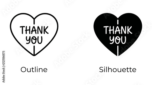 Foto Heart Shape Thank You Graphic: A stylized heart graphic featuring the text THANK YOU is presented in both outline and silhouette versions, symbolizing gratitude and appreciation