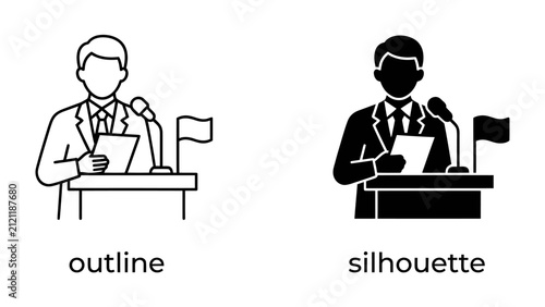 Cuadro en lienzo Public Speaking Icons: A graphic representation of a person speaking at a podium, presented in both outline and silhouette styles, ideal for illustrating communication and public address