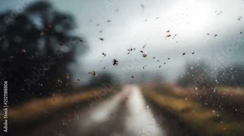 Road through rainy window