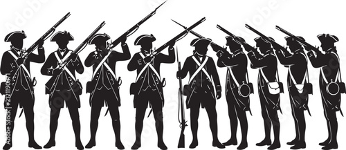 Canvastavla Revolutionary soldiers with muskets aiming forward in a line during a historical