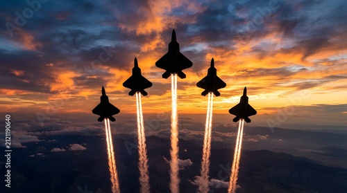 Plakat w ramie Formation of five military fighter jets flying in the sky during a dramatic golden sunset
