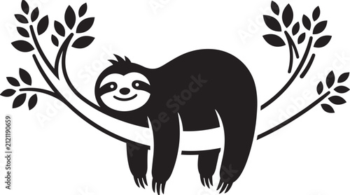 Bild auf Leinwand Sloth resting calmly on a tree branch with leaves in a simple vector silhouette