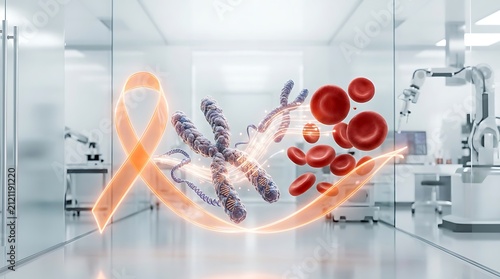 World CML Day Awareness Concept with Orange Ribbon and DNA in Lab