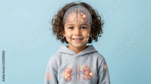 Smiling child with anatomical brain and kidney overlays representing human health and internal organs