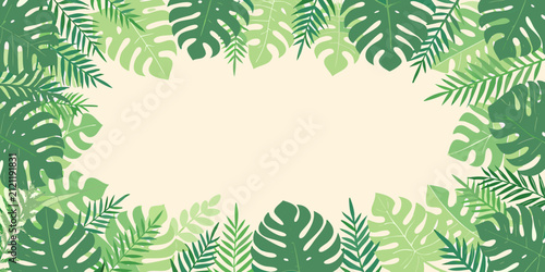 Tropical foliage frame with monstera leaves vector illustration with pale background