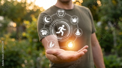 Healthy Lifestyle Concept with Man Holding Holographic Infographic Icons Outdoors