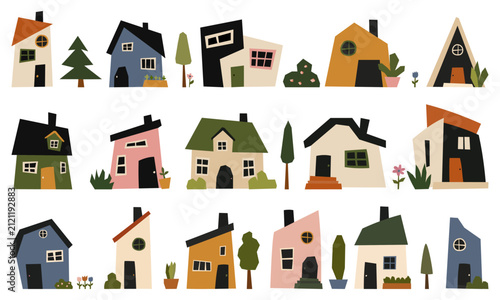 Collection of colorful Scandinavian folk style geometric houses with playful hand cut paper shapes, asymmetrical architecture and modern flat design. Cozy village homes isolated on white background.