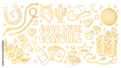 Good luck cowgirl line art vector set, western-themed icons, wild west celebration design.