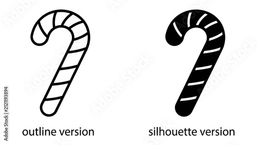 Candy Cane Icon Set: A clear and concise set featuring both an outline and silhouette version of a classic candy cane, perfect for holiday or sweet treat graphic design needs.