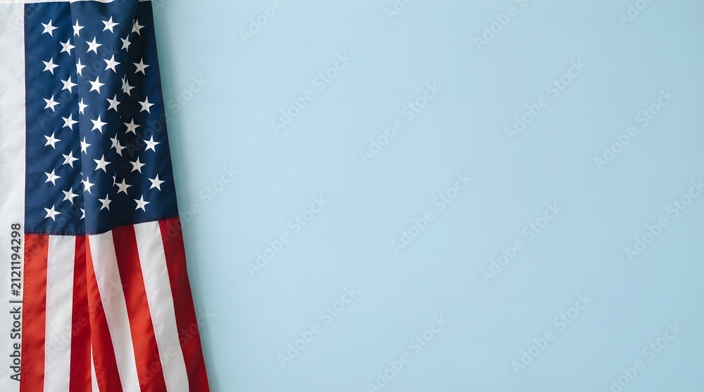 Obraz premium American flag hanging on the left side against a light blue background with empty copy space