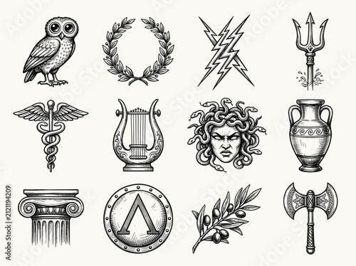 Ancient Greek symbols vector set, hand drawn black ink illustration featuring owl laurel wreath and trident elements
