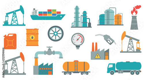 Industrial oil and gas production flat icons, petroleum energy production and transport.