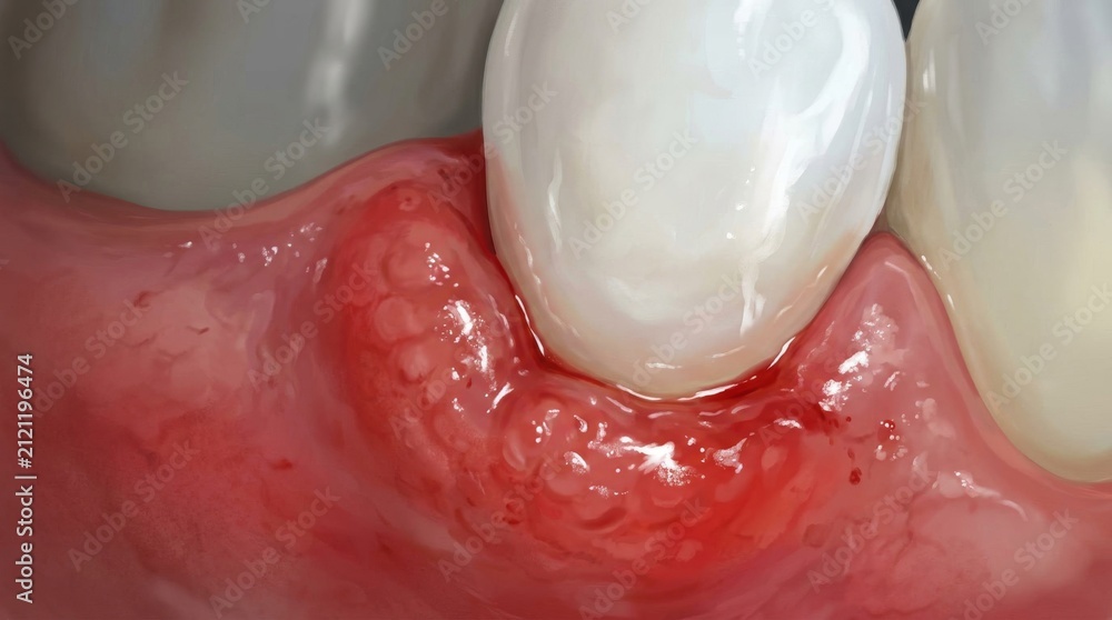 Fototapeta premium Severe gingival inflammation and gum disease around a human tooth.