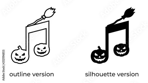 Halloween Music Notes with Pumpkin Faces and Broom: A whimsical musical notation adorned with carved pumpkin faces and a broomstick, presented in both outline and silhouette versions.