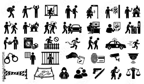 Obraz na plátne Stick Figure Crime and Law Enforcement Pictogram Set Flat Vector Icons