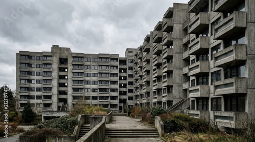 Brutalist Concrete Apartment Building Exterior with Balconies.