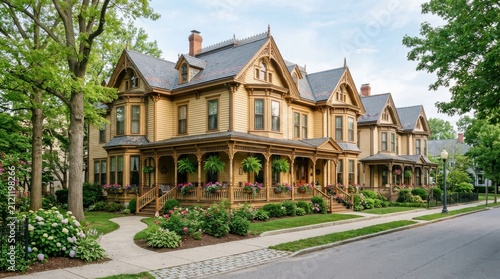 Historic Victorian mansion with ornate porch architecture in a residential neighborhood.