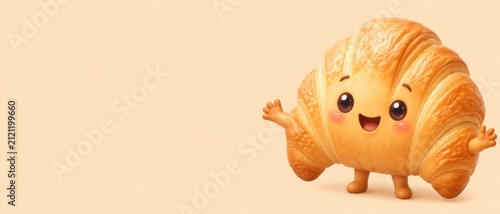 Adorable cartoon croissant character with a happy face and rosy cheeks on a solid background, banner format