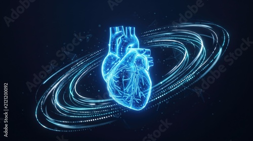 A glowing digital heart illustration surrounded by dynamic swirling lines, representing vitality and health.