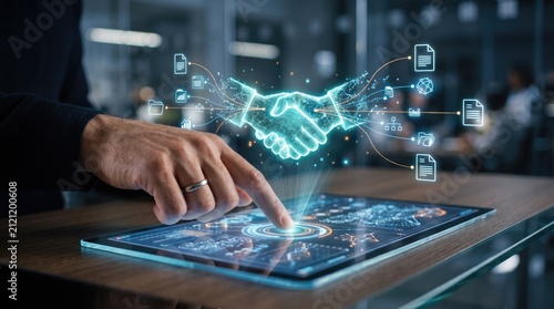 A hand interacting with a holographic handshake on a digital tablet, symbolizing innovation in business partnerships.