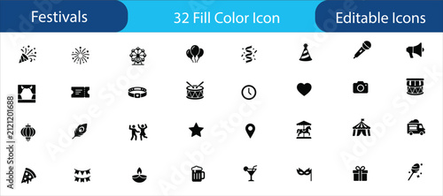 32 Fill Color Icon Set for Festival and Celebration Design. Editable Icon Set. Containing Fireworks, Party Hat, Gift Box, Cake, Balloon, Camera, Drum, Tent, Cocktail, Candle, Heart, Star.