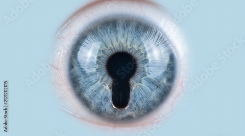 Macro view of human eye with keyhole shaped pupil, medical coloboma concept illustration