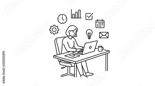 Cuadro en lienzo Businesswoman types on a laptop at her desk while organized by several floating icons representing daily tasks and office efficiency
