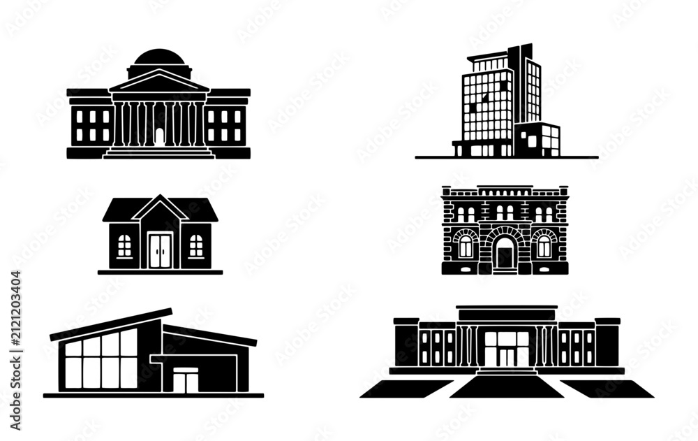 Obraz premium 70 Modern and Classic Building Silhouettes, Architectural Icons Collection, Diverse Structure Styles, Urban Design Elements, Vector Graphics Set 100