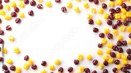 A vibrant high contrast seamless background featuring golden sweet corn and deep purple maize kernels