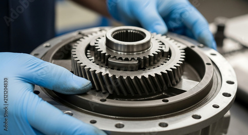 Close-up of hands in blue gloves assembling intricate metal gears in a workshop.
