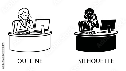 Receptionist Icon Set: A stylized illustration depicting a receptionist at a desk, presented in both outline and silhouette formats, highlighting a professional at work.