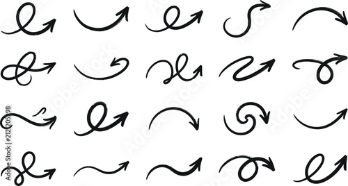 Set of hand-drawn vector doodle arrows with various artistic curls and directional styles handdrawn sketched direction pointers collection scribble illustration elements abstract pointing
