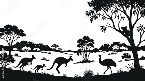 Australian outback wildlife silhouette scene featuring kangaroos emu and koala in eucalyptus forest kangaroo australia wildlife silhouette landscape eucalyptus wilderness illustration