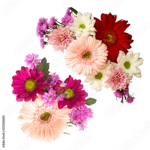Colorful Flowers Arrangement Daisy, Gerbera, Aster, Chrysanthemum, Top View, Transparent Background Ornaments for Wedding Card or Greeting Card