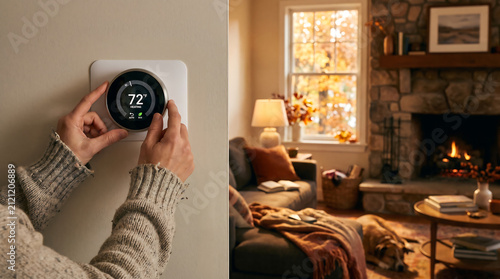 Person adjusting modern smart digital thermostat display on wall for home heating in cozy living room with fireplace during autumn season