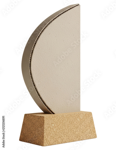 Minimalist cardboard decorative sculpture on cork base cut out on transparent background