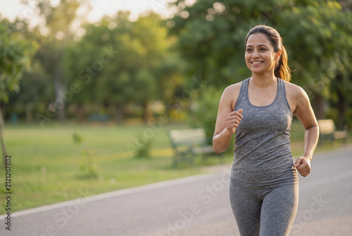 Young woman enjoying morning walk in park for healthy active lifestyle
