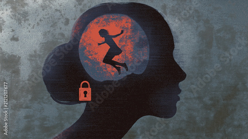 Conceptual Mental Health Illustration with Woman Head Silhouette, Emotional Trauma, Anxiety, Locked Mind and Psychological Wellness Awareness