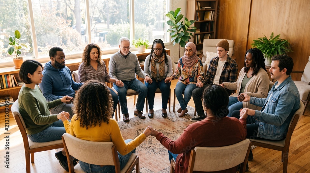 Obraz premium Diverse group of people holding hands in a circle during a support group meeting or therapy session