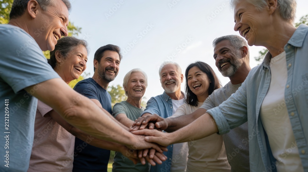 Fototapeta premium Senior Friends Circle Up Outdoors Unity and Happiness