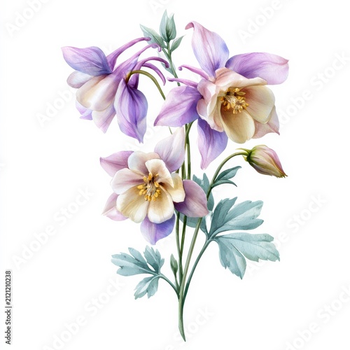 Flowers with purple and white petals arranged on a white background