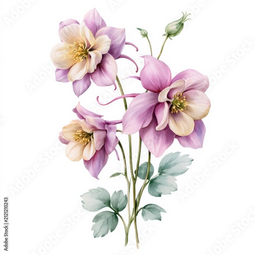 Flowers with purple petals and green leaves arranged together in a simple design for a botanical illustration