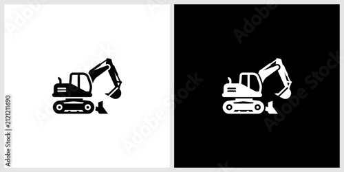 Foto Excavator Icon On Black and White Backgrounds