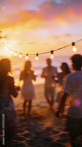 Beach Party at Sunset Friends Enjoying Summer Evening