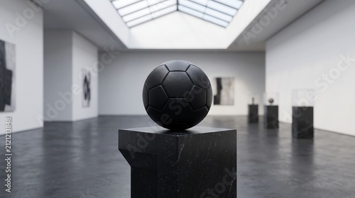 Black Soccer Ball on Marble Pedestal in Modern Gallery