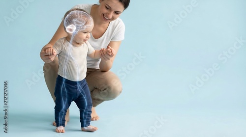 Adult woman supporting a toddler taking first steps with a digital overlay of the human brain and nervous system for neural development concept